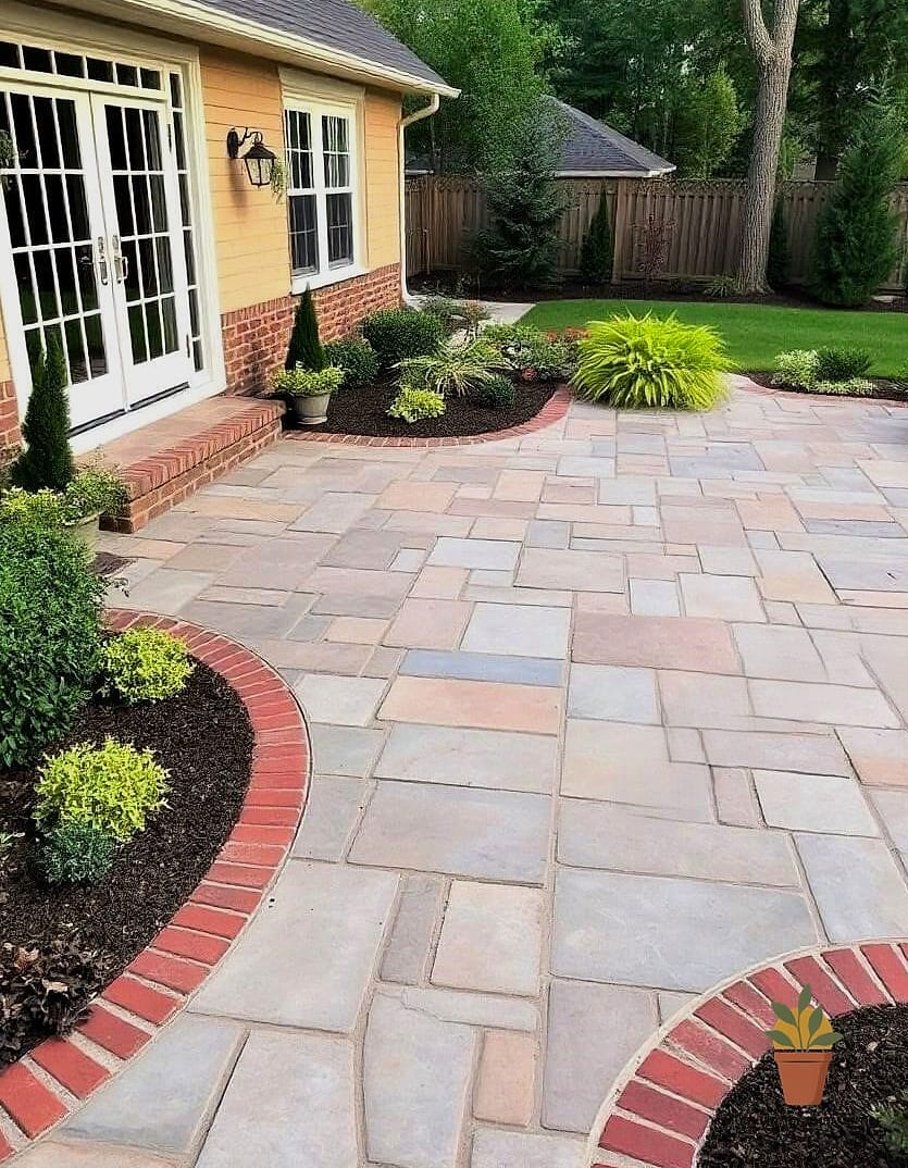 Flagstone Patio with Inlaid Brick or Metal Banding