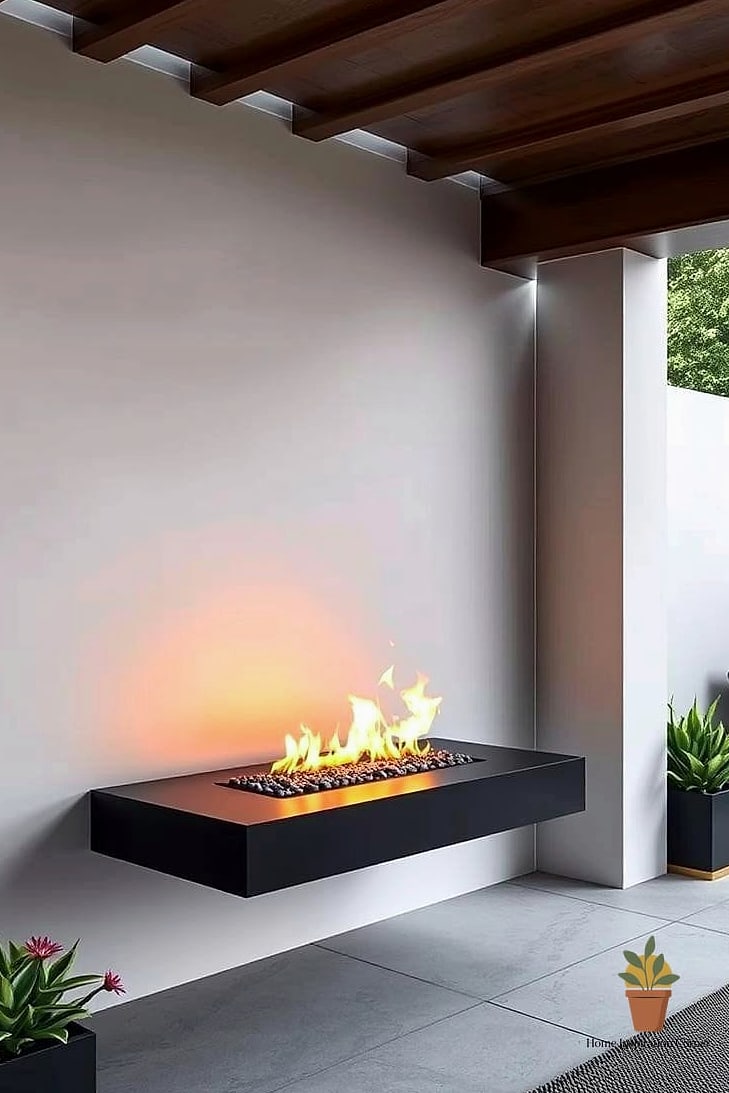 Floating Wood Mantel Above a Stone Base