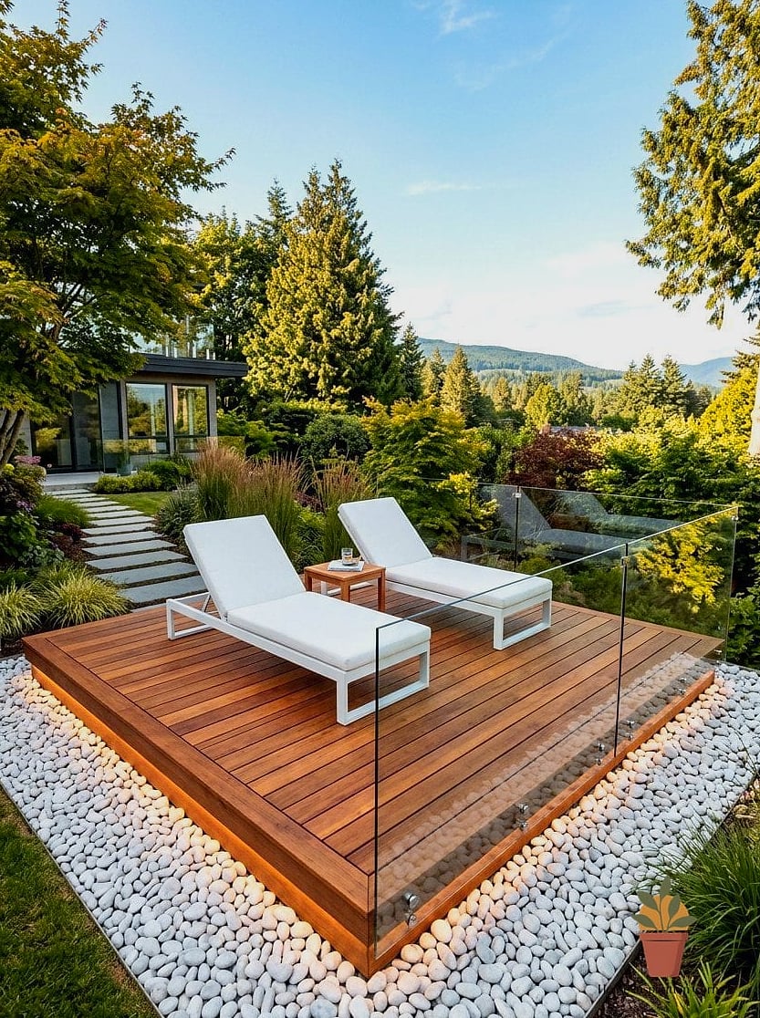 Floating Wood Deck with Built-In Bench Seating