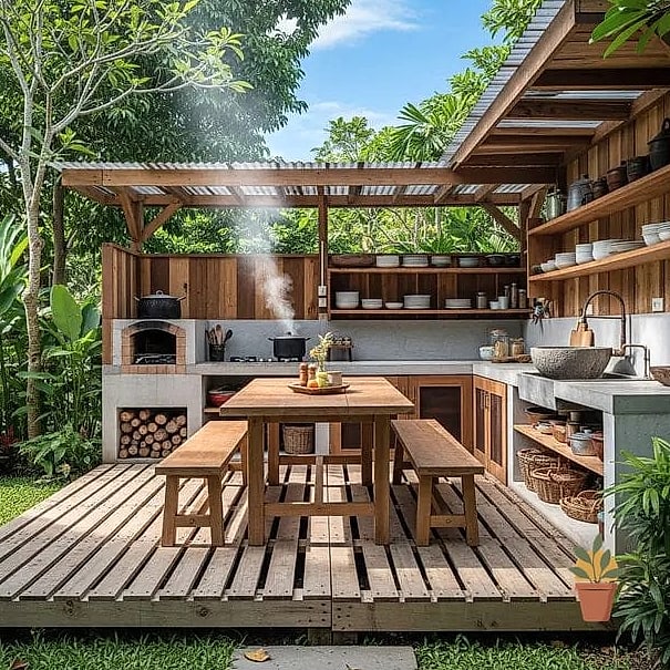 23 Creative Dapur Outdoor Ideas You Haven't Seen Before 9 Floating Wood Shelving for Open Storage