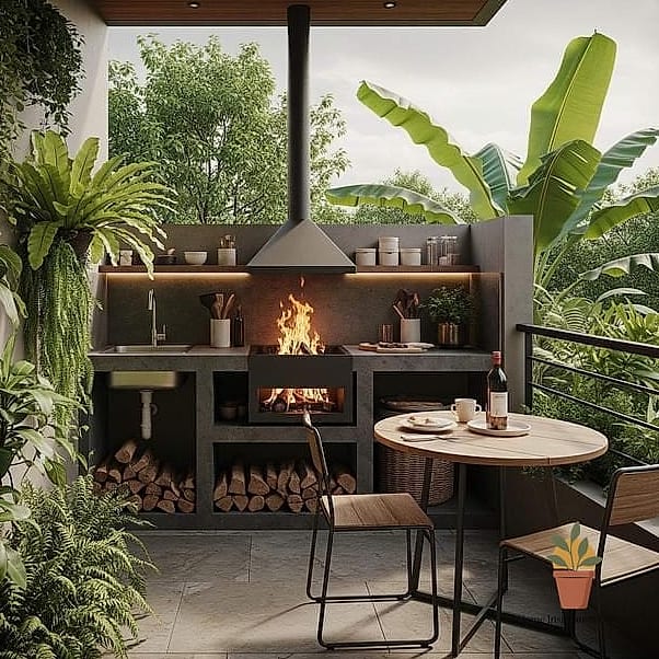 23 Creative Dapur Outdoor Ideas You Haven't Seen Before 19 Freestanding Fireplace as a Kitchen Divider