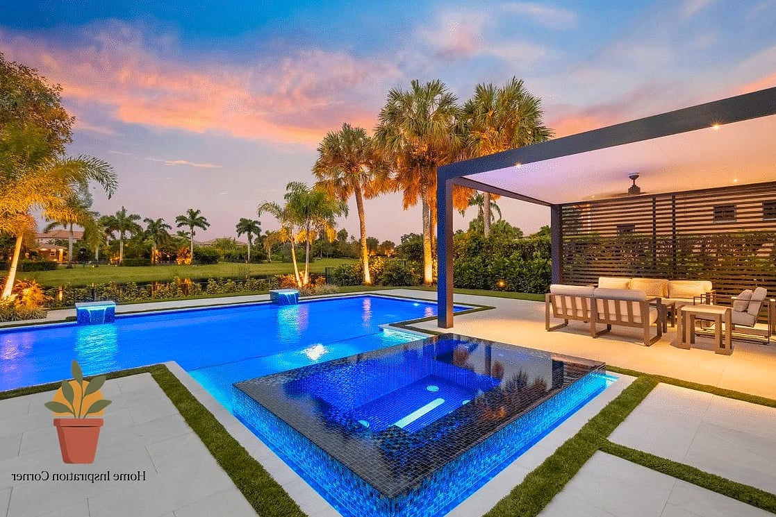 19 Backyard Patio Designs With Pool Makeovers That Look Incredibly Expensive 14 Geometric Pool Shape with Symmetrical Landscaping