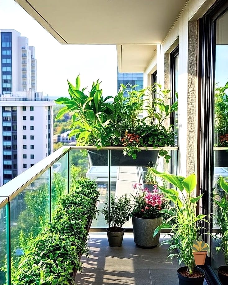 Glass Balcony with Greenery and Planters