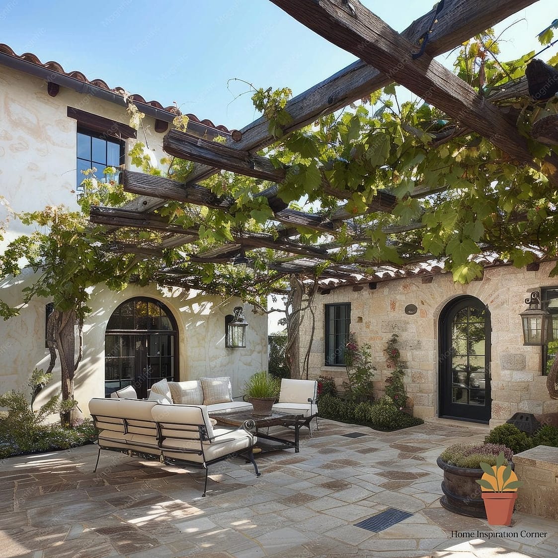 21 Creative Patio Andaluz Ideas You Haven't Seen Before 6 Grapevine Pergola with String Lighting Woven Through