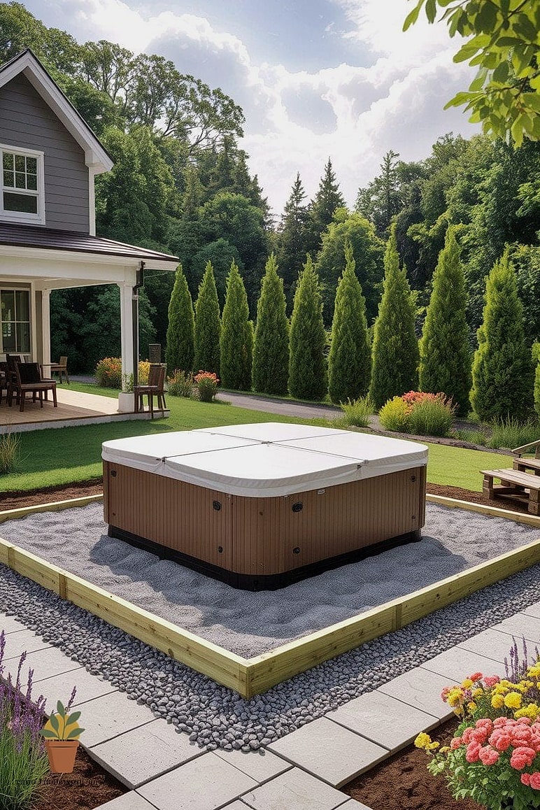 10 Hot Tub Backyard Concepts That Are Actually Achievable on a Budget 2 Gravel Pad with a Simple Wood Frame