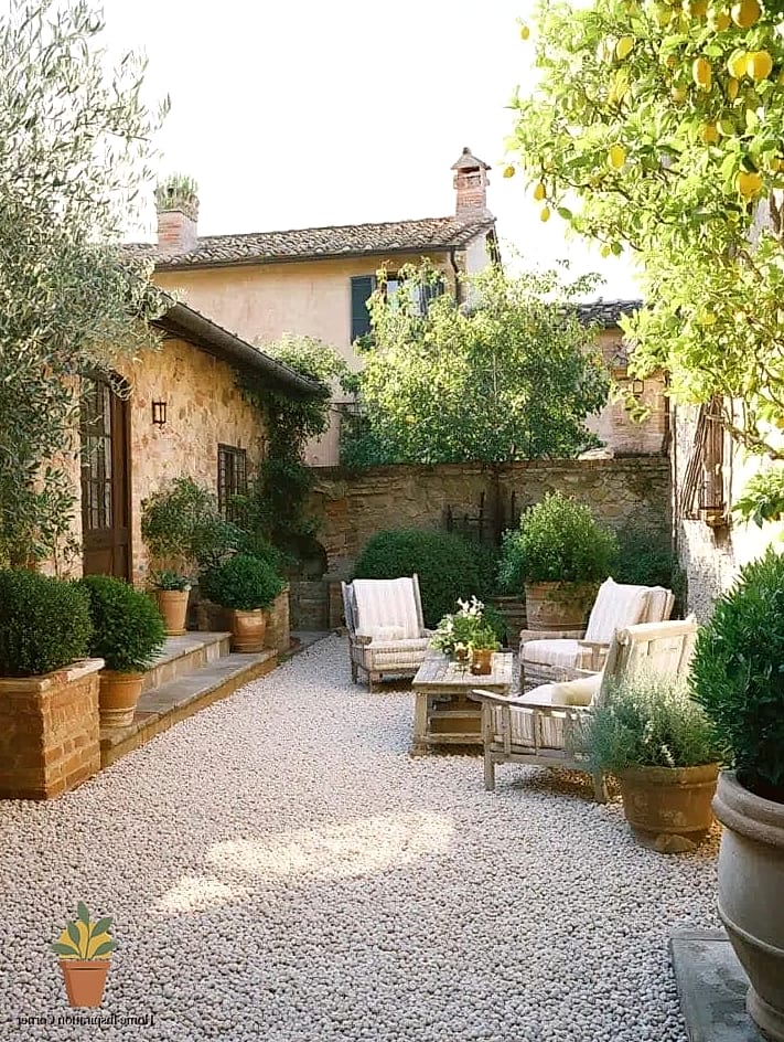 A Gravel Patio Base With Stone Accents