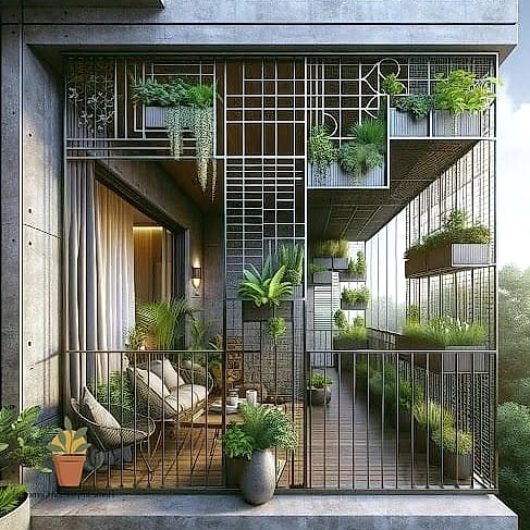Grill Surrounded by Potted Greenery