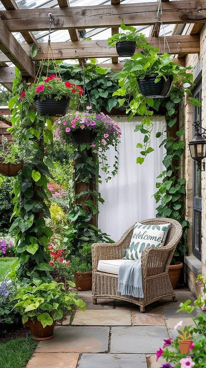 Hanging Greenery And Potted Plants Along The Beams