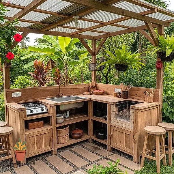 23 Creative Dapur Outdoor Ideas You Haven't Seen Before 14 Hanging Pot Rack Over the Cooking Station