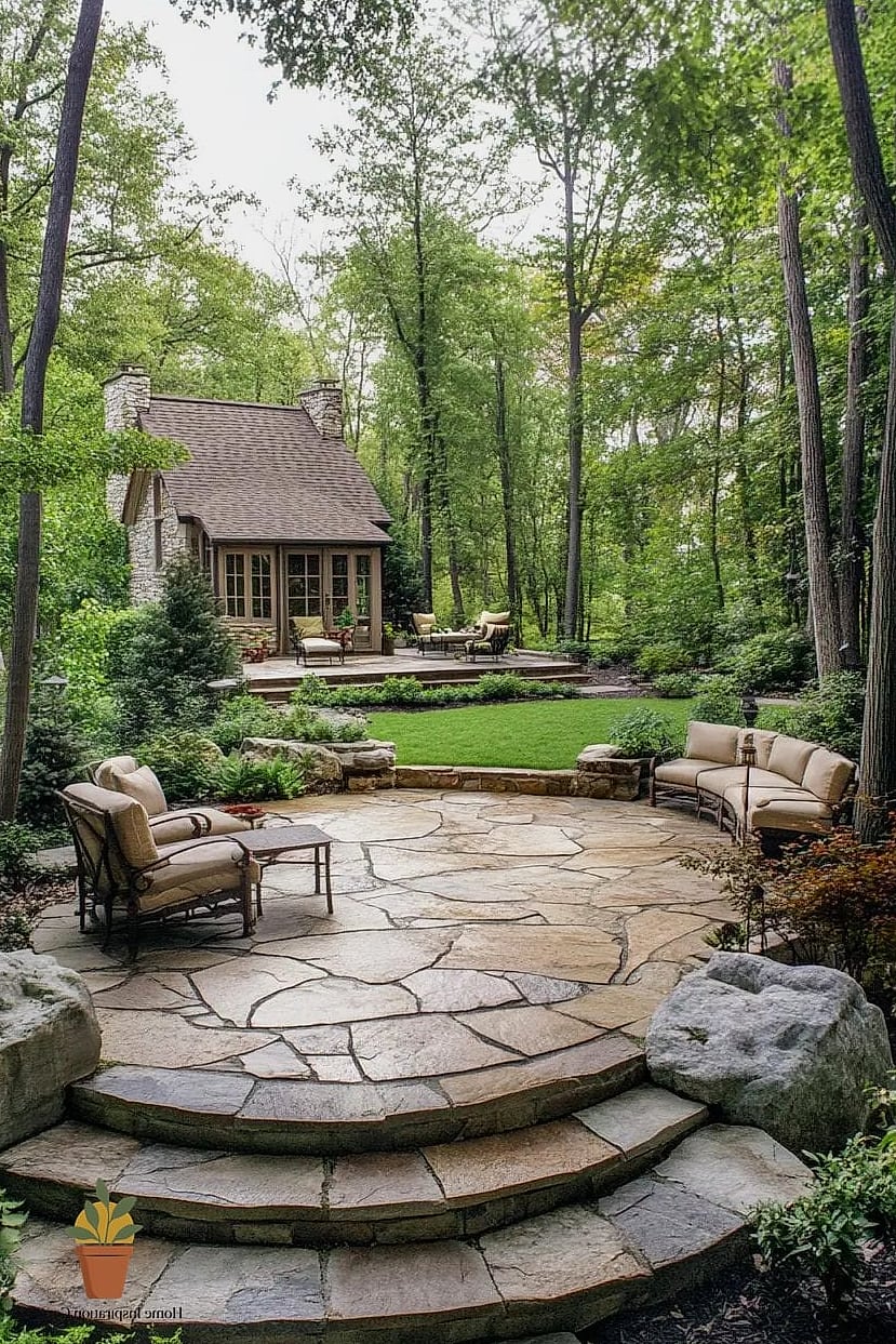 Hillside Home with Flagstone Retaining Walls and Patio