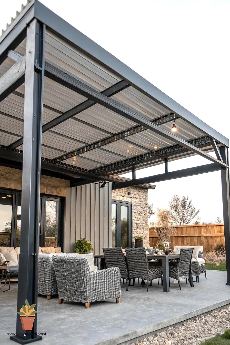 Industrial-Style Patio with Metal Fireplace Surround
