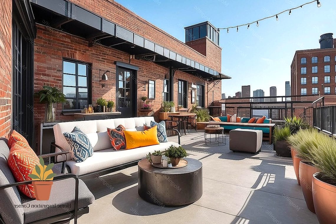 Industrial Terrace with Metal Furniture and Exposed Brick