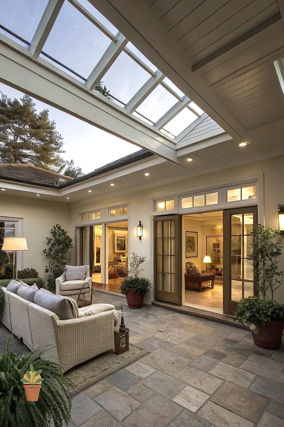19 Patio Interno Ideas That Are Both Stylish and Practical 6 Install a Skylight-Adjacent Pergola