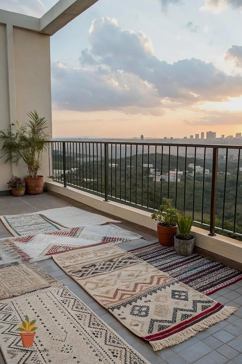 20 Cozy Balcony Aesthetic Concepts That Are Actually Achievable on a Budget 2 Layered Outdoor Rug Look