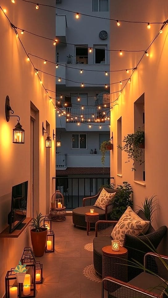 16 Narrow Balcony Ideas Designs That Maximize Style and Function 10 Layered String and Lantern Lighting