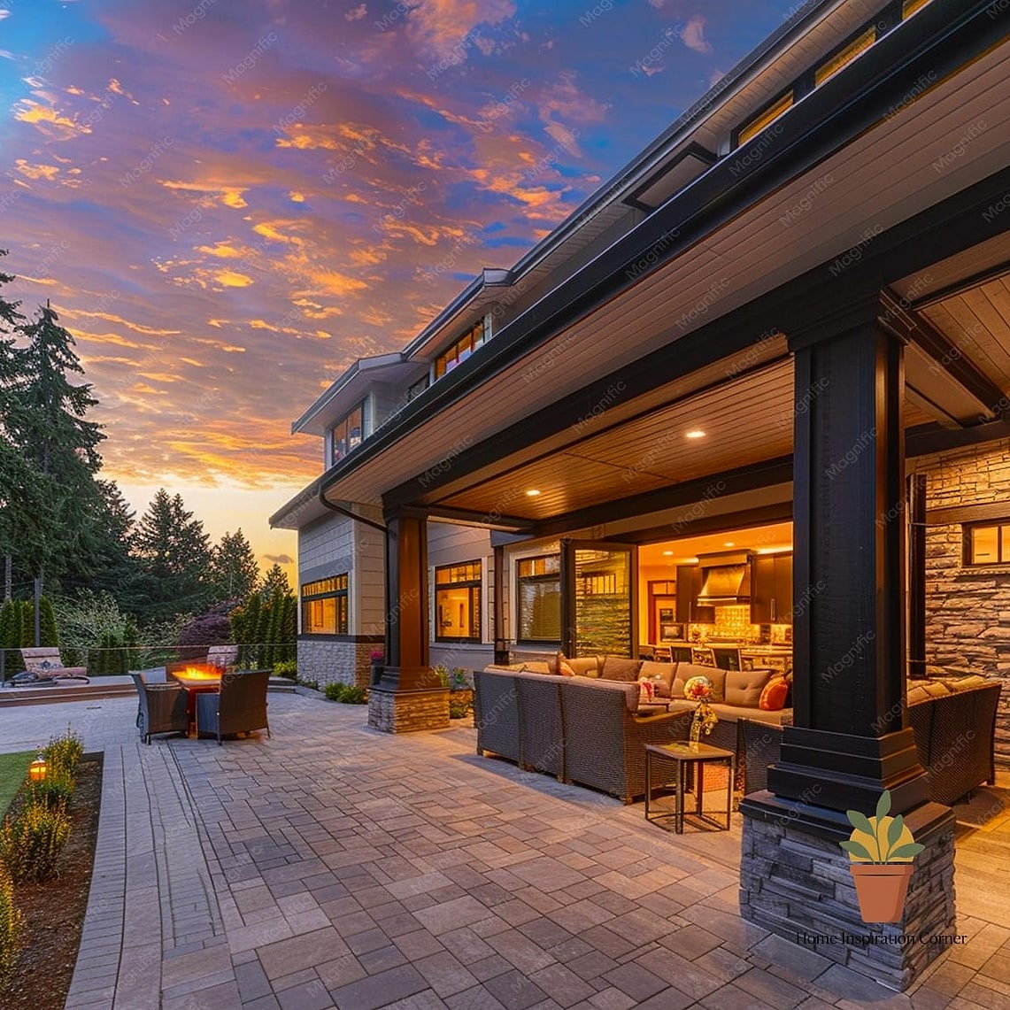 Luxury Patio with Fireplace and Water Feature