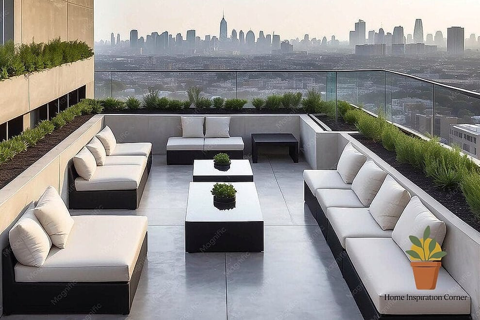 Minimalist Concrete Terrace with Built-In Bench Seating