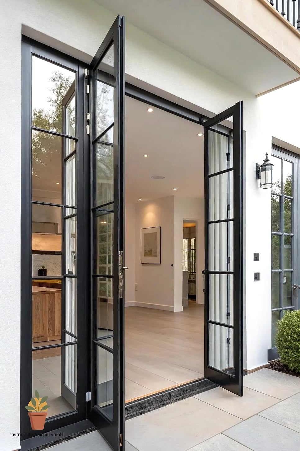 Minimalist French Doors with a Concrete Patio