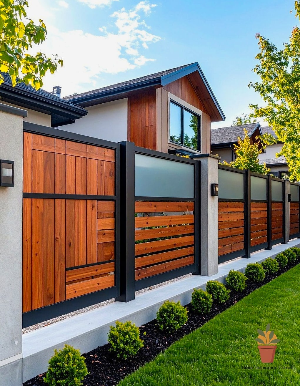 Mixed Material Fence with Stone Pillars