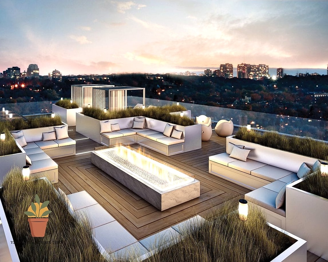 Modern Rooftop Lounge With Fire and Water Features