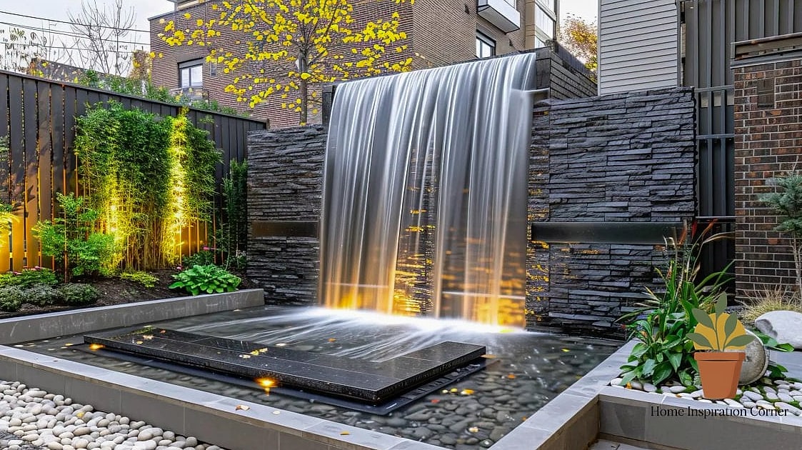 Modern Water Feature with Stone Basin