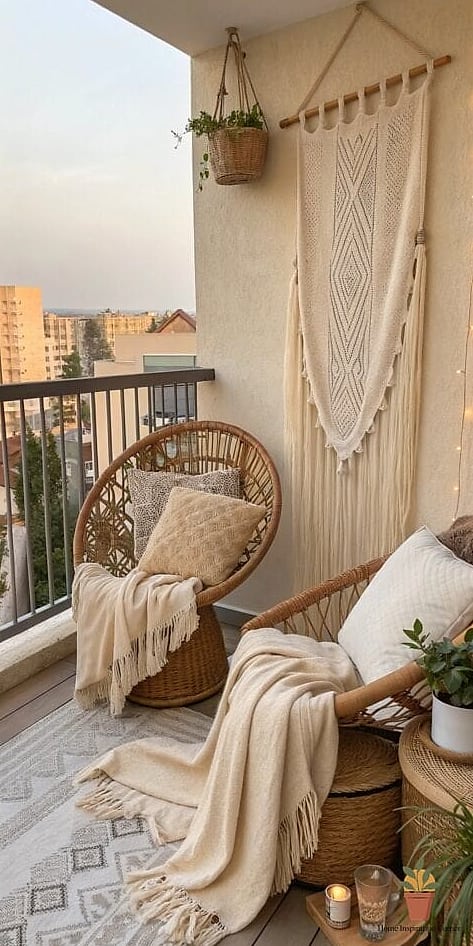 20 Cozy Balcony Aesthetic Concepts That Are Actually Achievable on a Budget 10 Neutral Boho Textile Layering