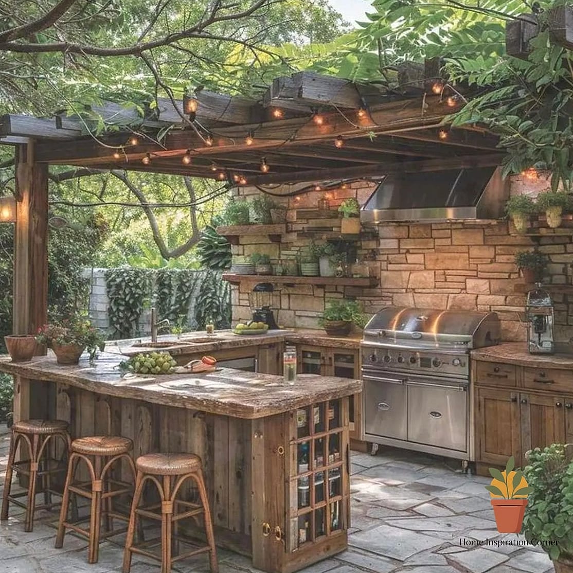 23 Creative Dapur Outdoor Ideas You Haven't Seen Before 2 Open-Air Kitchen Under a Bamboo Pergola