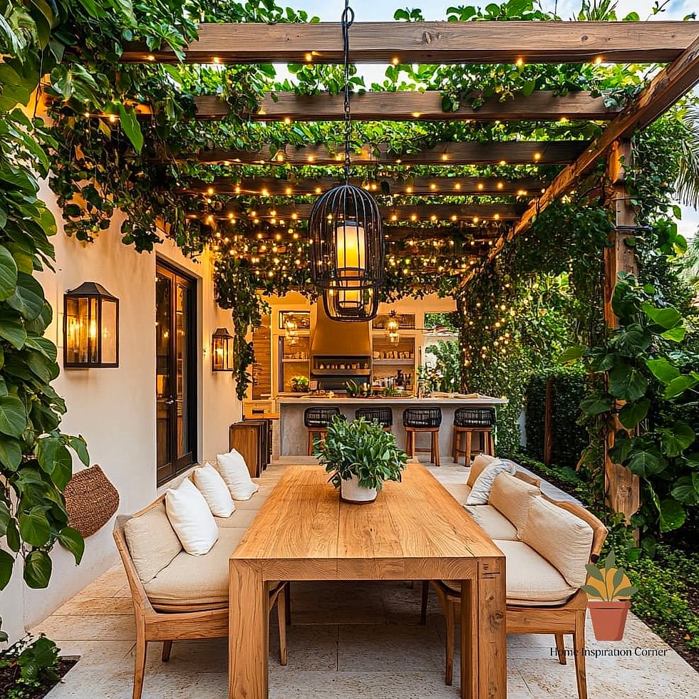 22 Backyard Inspiration Designs That Maximize Style and Function 12 Outdoor Dining Area Under String Lights