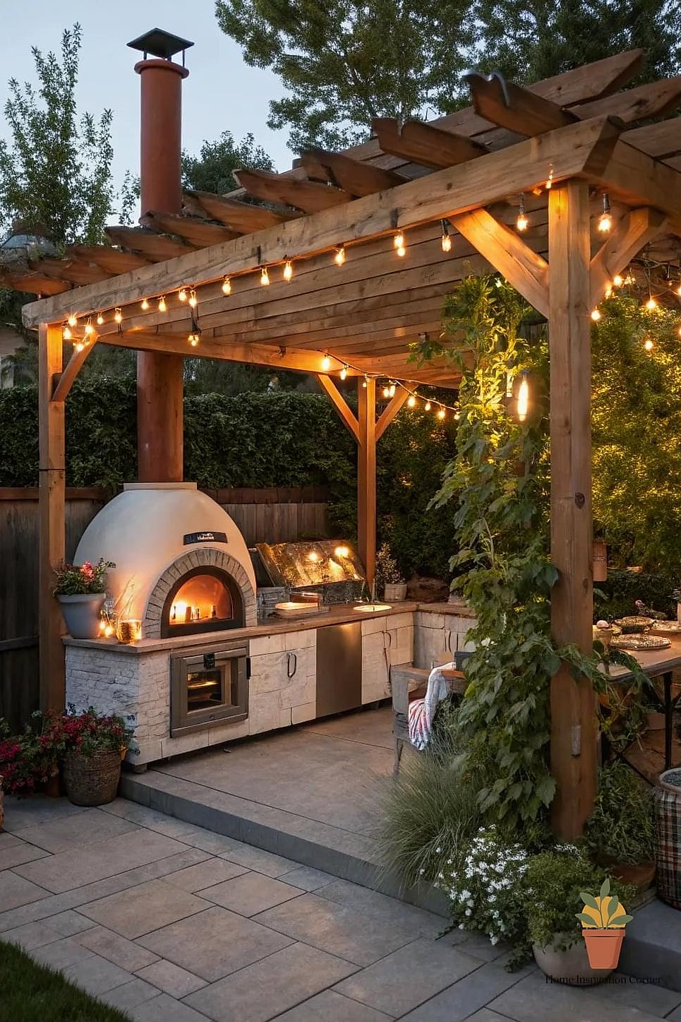 Outdoor Kitchen with a Pizza Oven Centerpiece