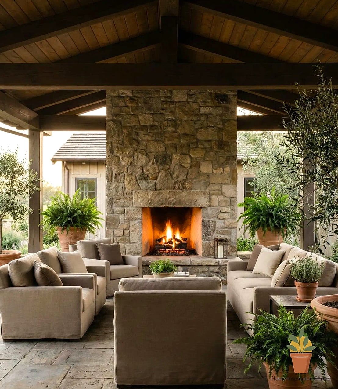 Outdoor Living Room with Sectional and Fireplace