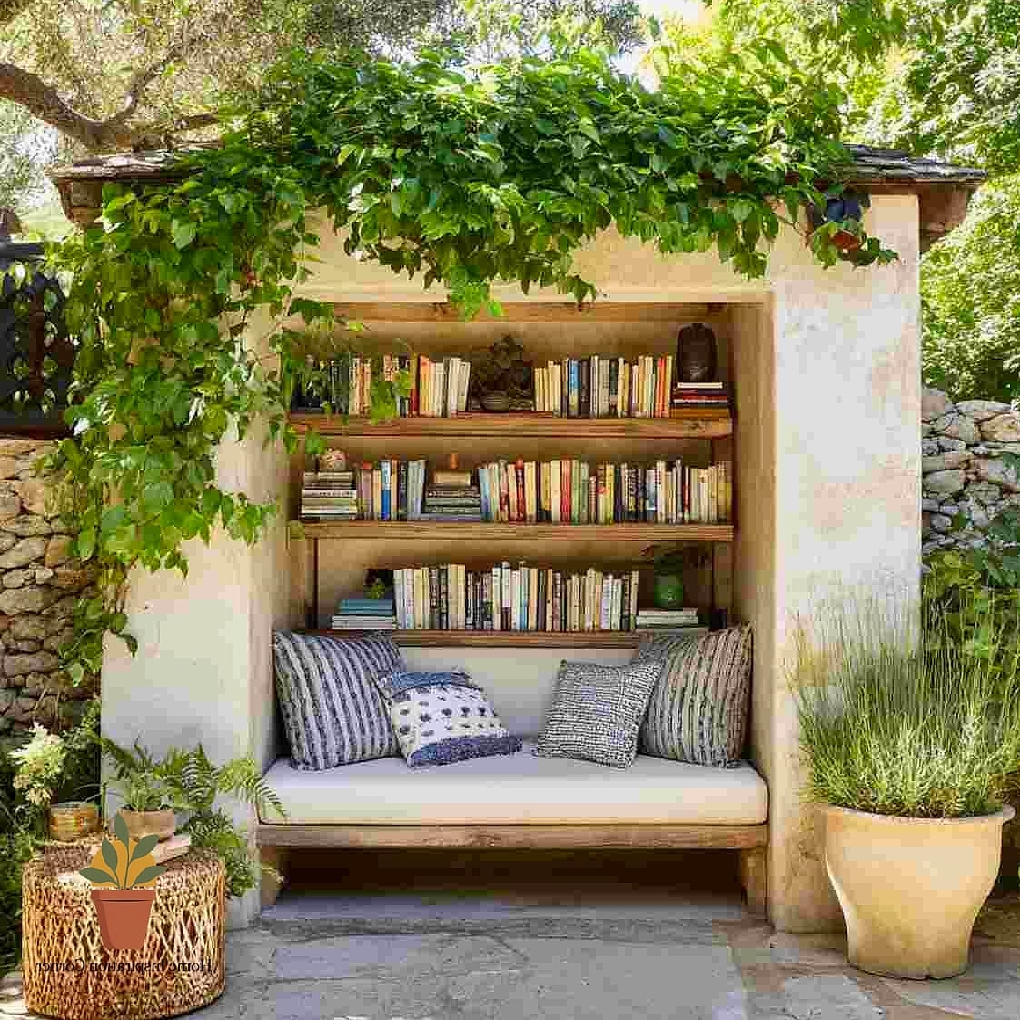 Outdoor Reading Nook with Built-In Shelving