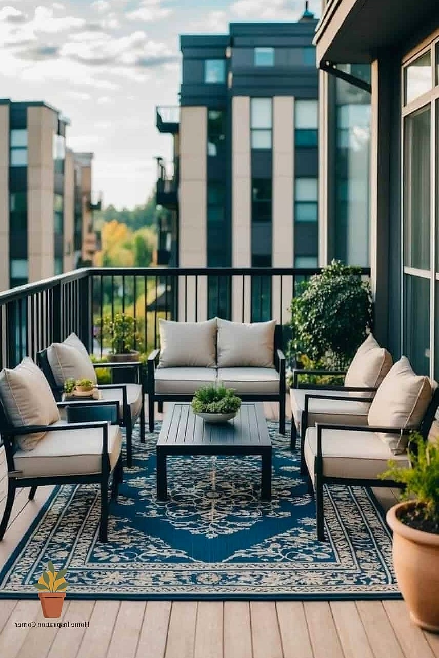 Outdoor Rug Layered With Poufs