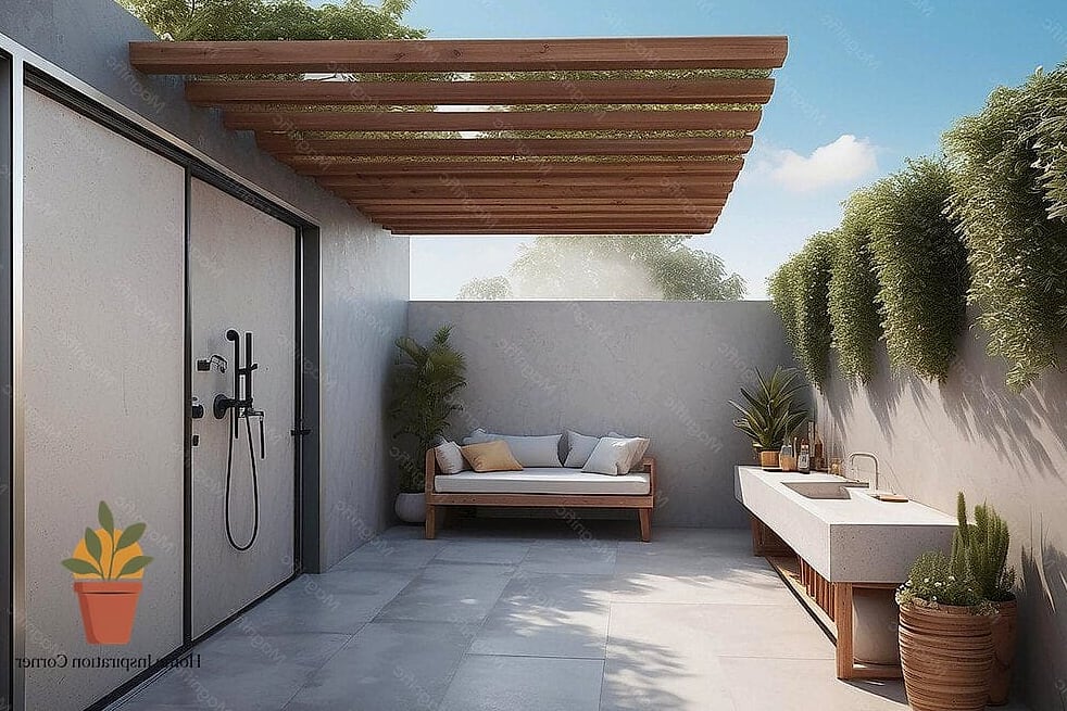 Outdoor Shower Tucked Behind a Slatted Screen