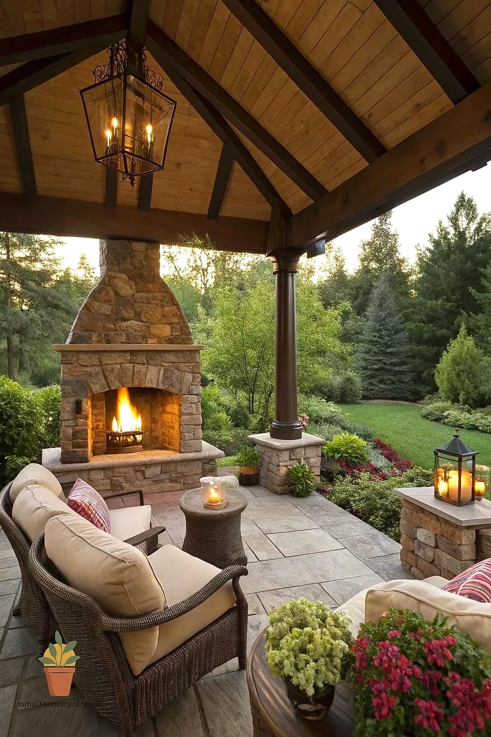 Patio with Fireplace and Built-In Seating Ledge
