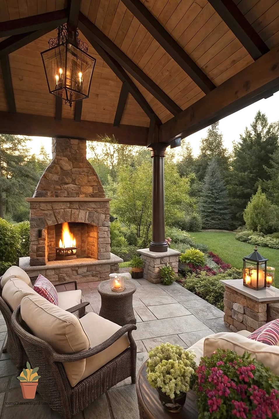 Patio with Fireplace and Swing Bench Seating