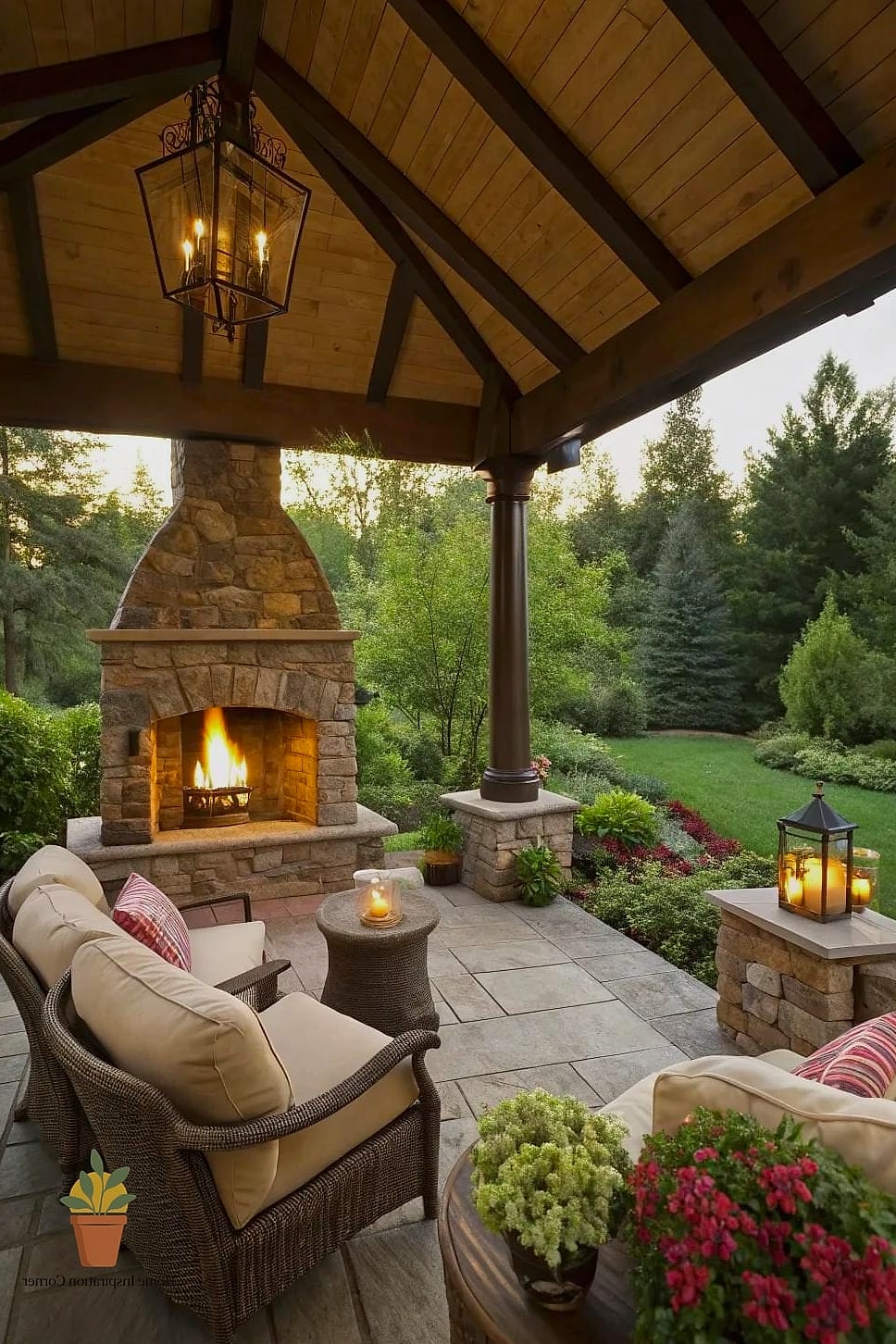 Patio with Fireplace and Vertical Garden Wall