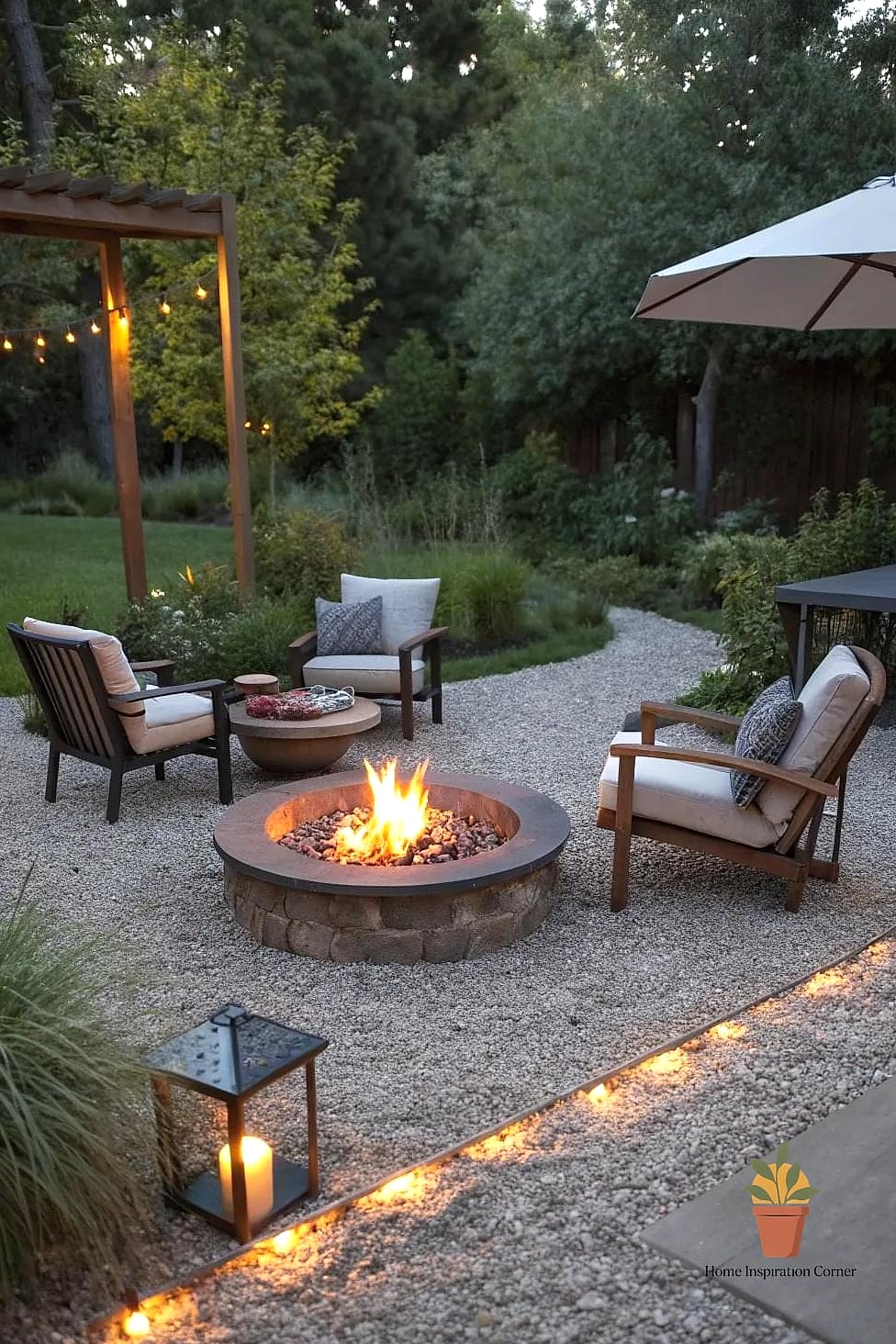 Pea Gravel Patio with a Built-In Fire Feature