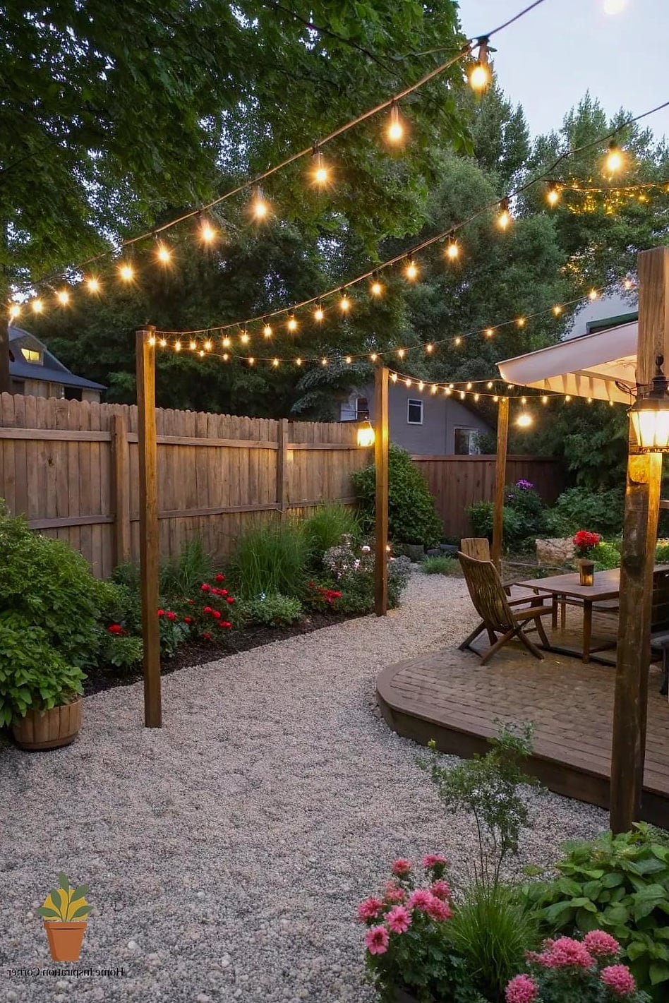 Pea Gravel Patio with String Lights Overhead