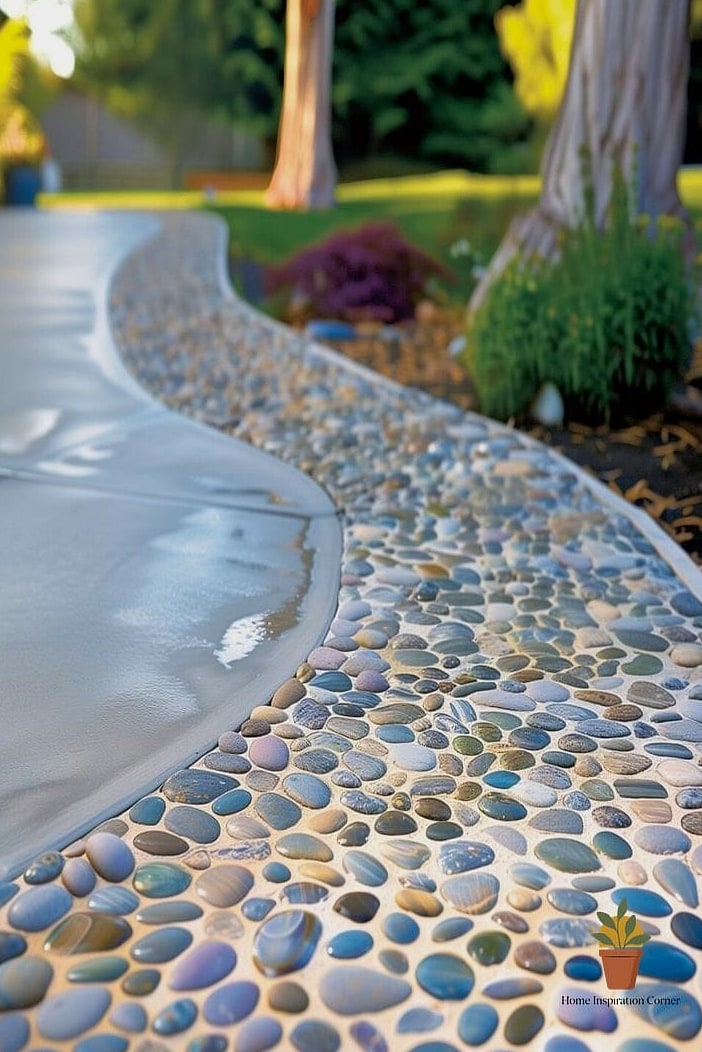 Pebble Cement Pathways Connecting to the Patio