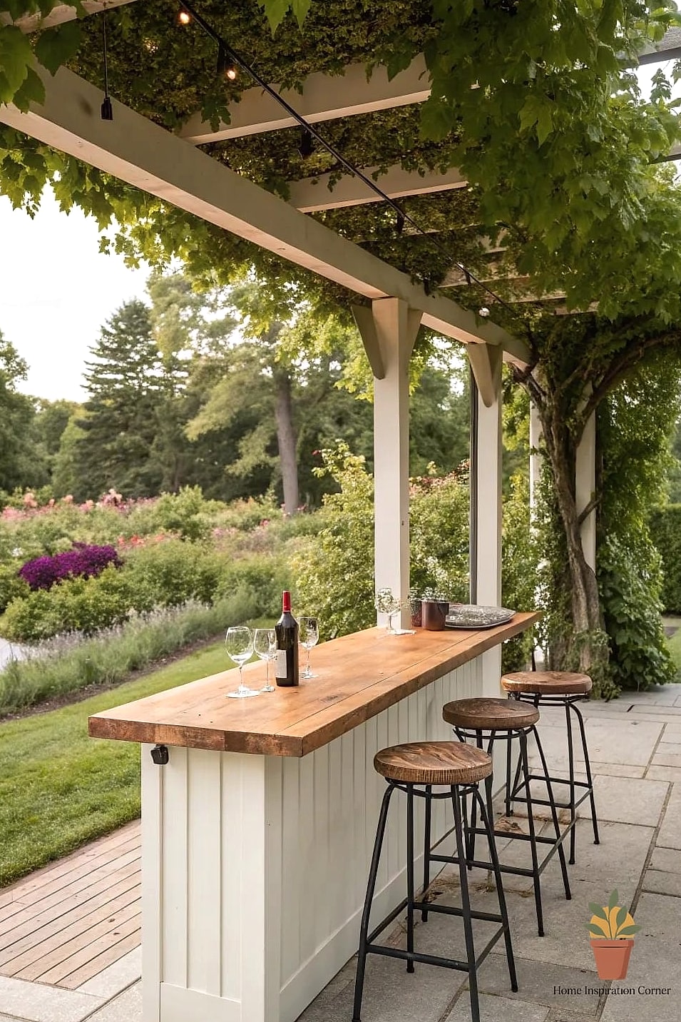 Pergola-Covered Bar with String Lights