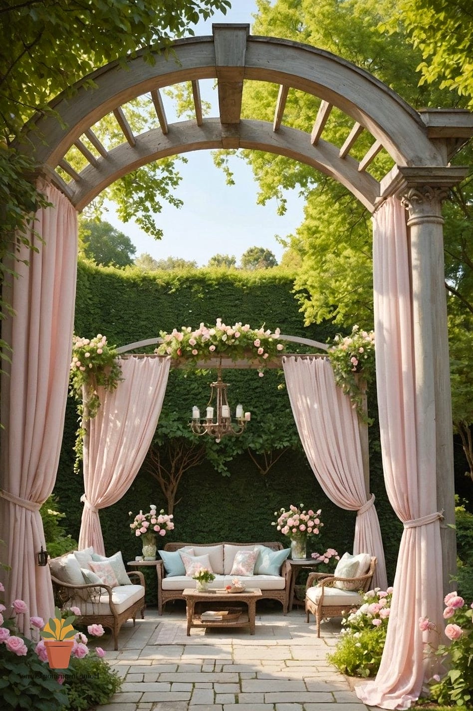 A Pergola Draped in String Lights and Climbing Vines