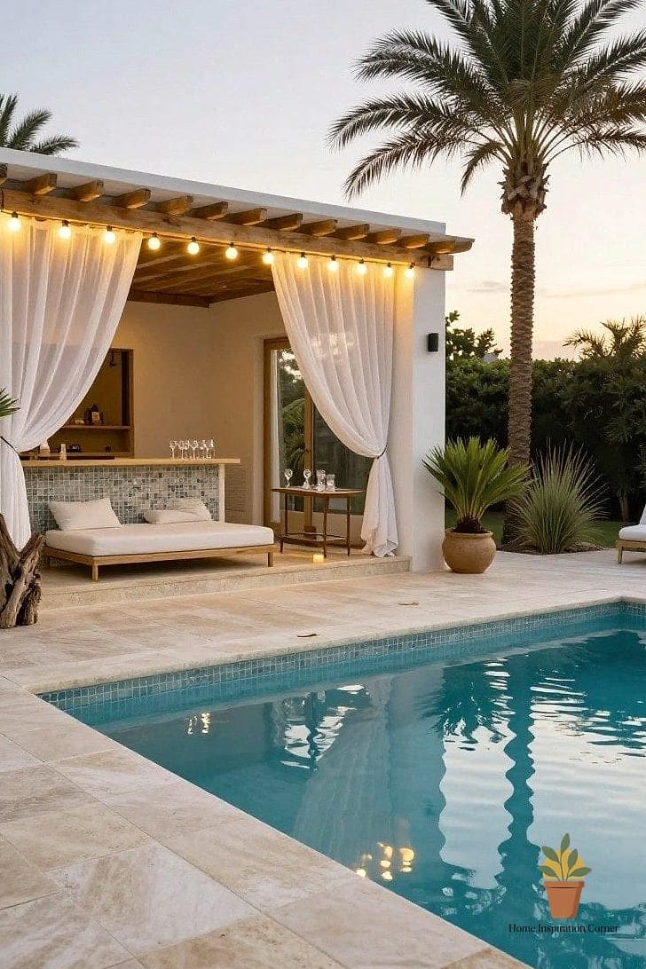 14 Backyard Pool And Patio Ideas Designs You Need to See Right Now 4 Pergolas with String Lights Over the Pool Deck