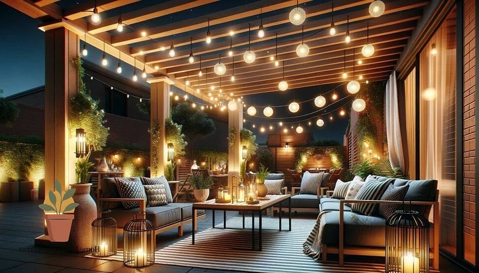 Pergola With String Lights and Lanterns