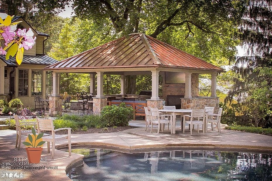 19 Backyard Patio Designs With Pool Makeovers That Look Incredibly Expensive 20 Poolside Pavilion with Outdoor Fireplace