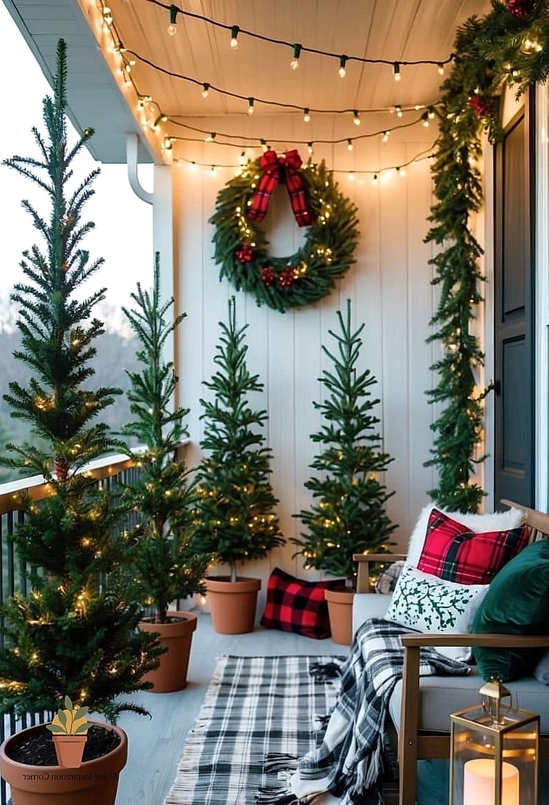 Potted Evergreens Flanking the Entryway