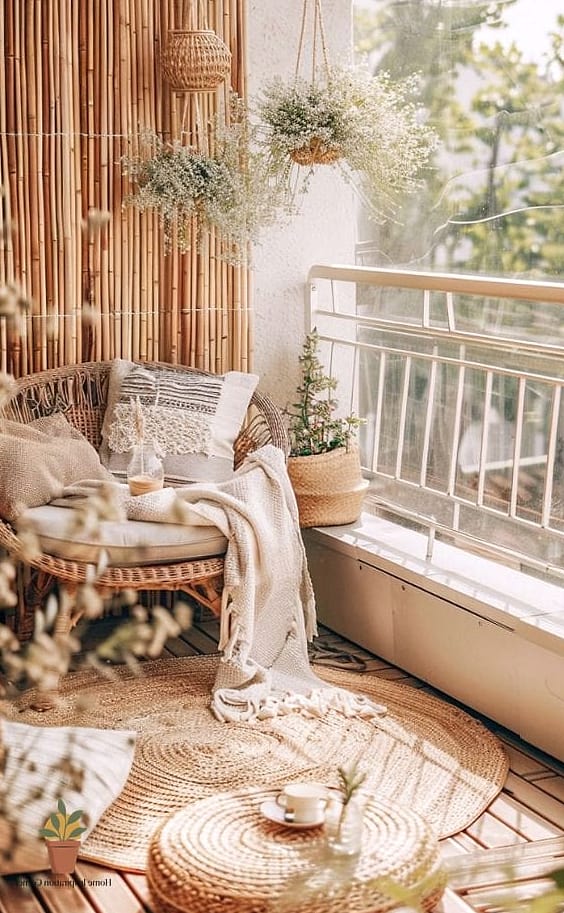 20 Cozy Balcony Aesthetic Concepts That Are Actually Achievable on a Budget 4 Rattan and Wicker Furniture Corner