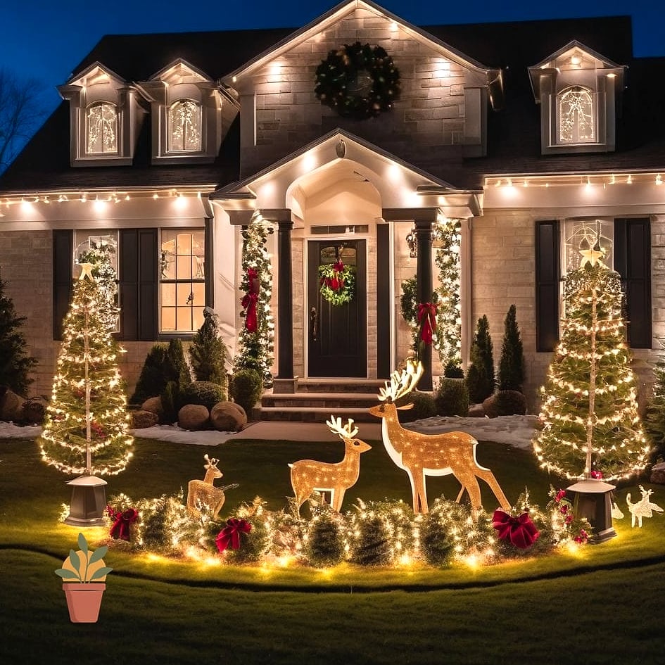Red and Gold Ornament Clusters on Bushes