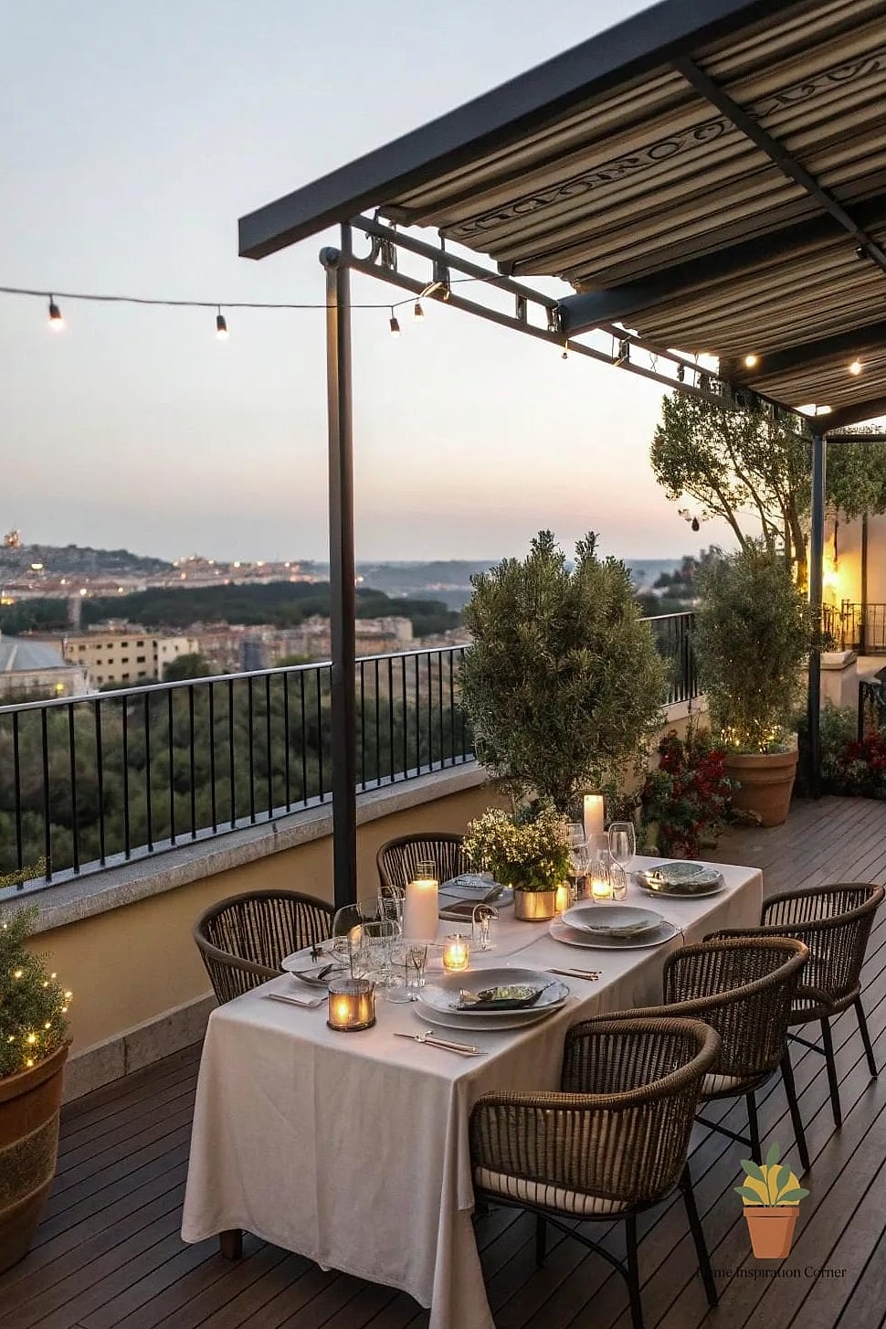Rooftop Dining Area With String Lights