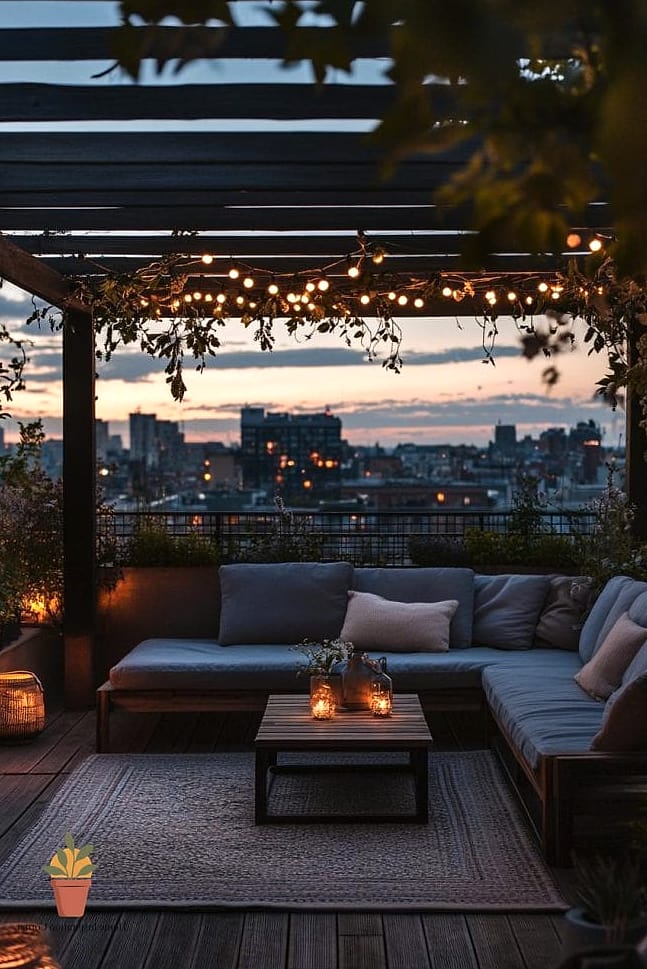 18 Outdoor Terrace Design Photos That Will Inspire Your Next Project 4 Rooftop Terrace with String Lights and Lounge Seating