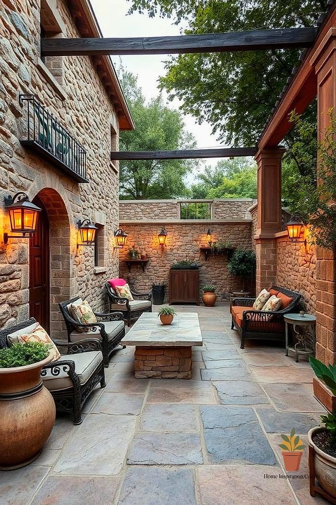 Rustic Stone Fireplace with Timber Beam Roof